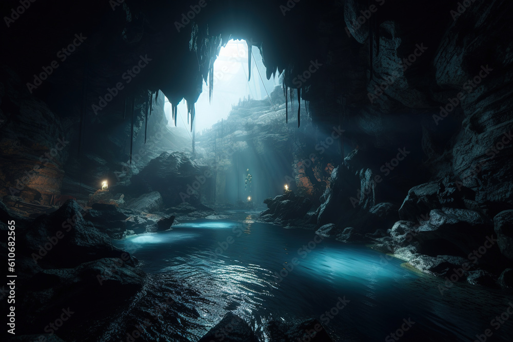 cave in the dark and light is ahead. Generative Ai
