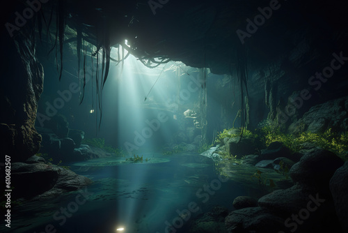 cave in the dark and light is ahead. Generative Ai
