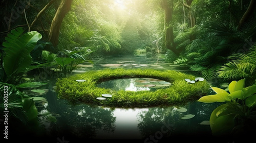 Fantasy garden with ring pond and green plants. 3D Rendering. Generative AI.