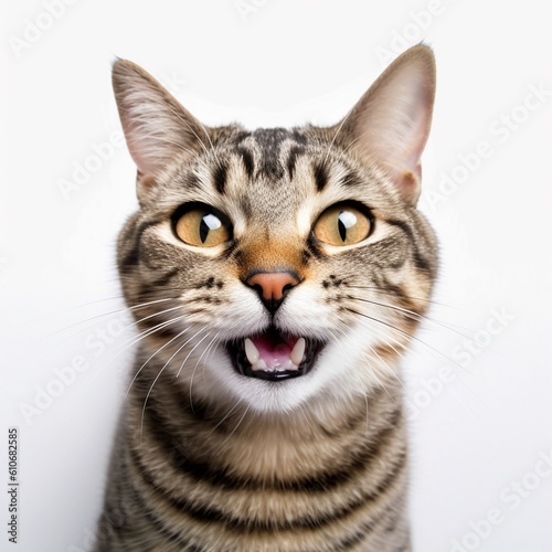 funny cat portrait looking shocked or surprised on white background, AI generative