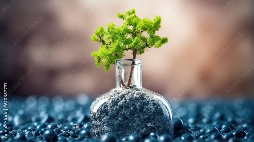 Small tree growing from soil in glass bottle. Concept of environmental conservation. Generative AI.
