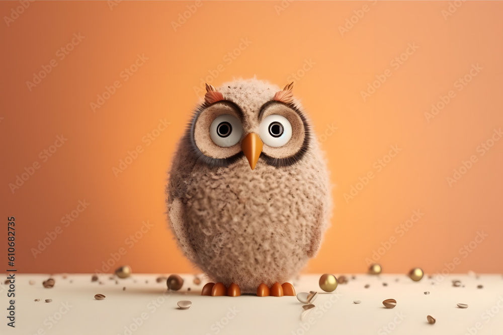 Cute fluffy woolly baby owl made from material and fabric beads.