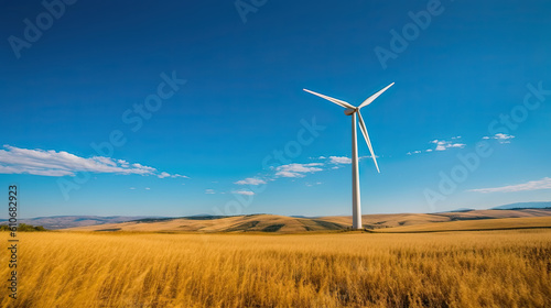 Wind turbine in a field of wheat during the day with blue sky. Generative AI. © AS Photo Family