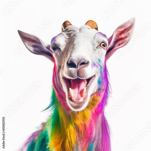 Portrait of Funny laughing goat with a colorful design style. 360 degrees panoramic camera, AI generative © Valery Zayats