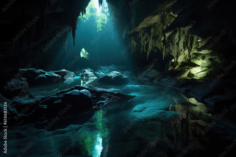 cave in the dark and light is ahead. Generative Ai
