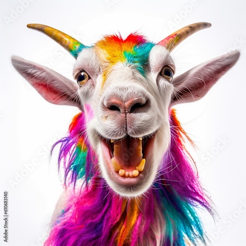 Portrait of Funny laughing goat with a colorful design style. 360 degrees panoramic camera, AI generative