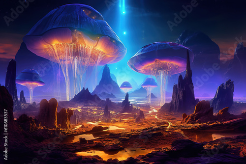 Jellyfish fantasy background. Generative Ai © Shades3d