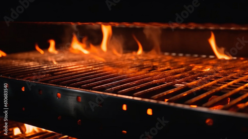 Barbecue spectacle, Empty grill illuminated by vibrant flames, a mesmerizing sight. Generative AI
