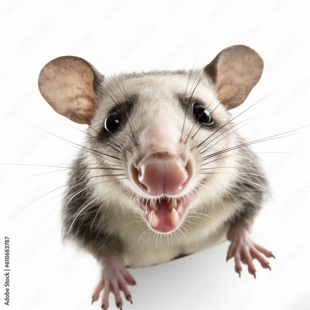 Funny opossum with curious cute brown eyes looking in the camera on white background, AI generative Funny opossum with curious cute brown eyes looking in the camera on white background, AI generative