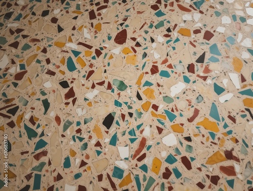 Top-Ansicht einer Nahaufnahme eines Terrazzo-Bodens: Mosaikartige Muster, vielfältige Farben und Texturen photo
