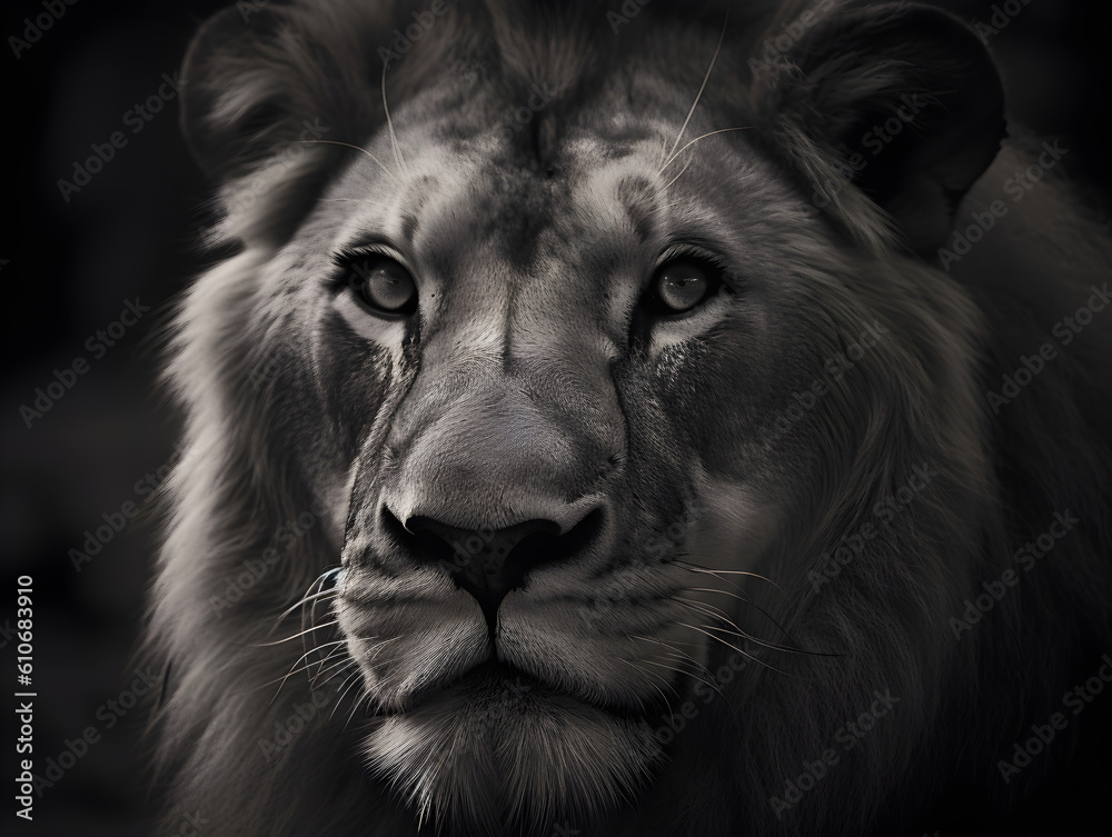 black and white close up of a beautiful lion