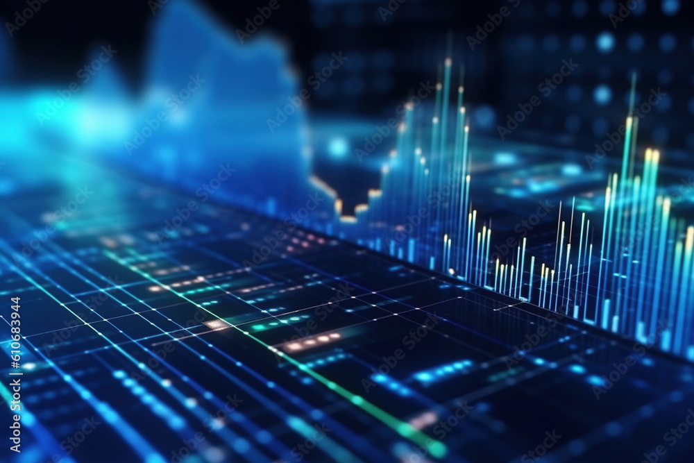 Perspective view of stock market growth, business investing and data concept with digital financial chart graphs, diagrams and indicators on dark blue blurry background - obrazy, fototapety, plakaty 