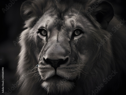 black and white close up of a beautiful lion