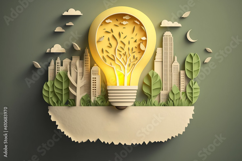 Paper cut of light bulb with green eco city , Save energy creative idea concept , Renewable energy by 2050 Carbon neutral energy or greenhouse gas emission CO2 , Created with generative AI