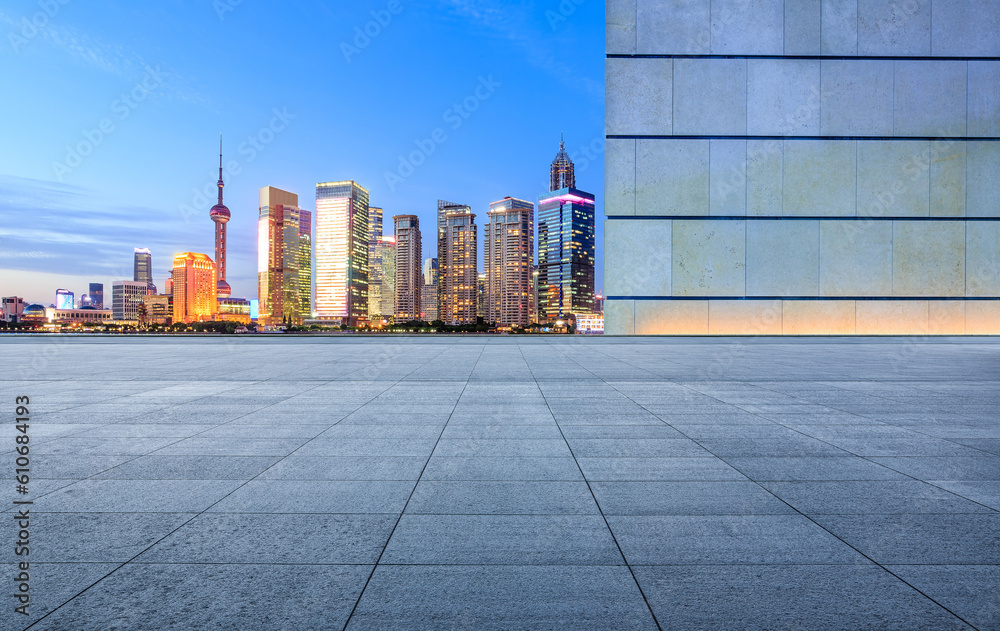 Empty floor and city skyline with modern building in Shanghai, China.