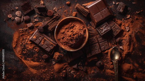Decadent chocolate harmony, A flat lay composition of sweets and cocoa powder. Generative AI