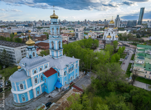 Summer Yekaterinburg, Temple of the Ascension and Temple on Blood in beautiful clear sunset.