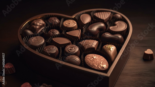 Decadent delights, Heart-shaped box filled with delectable chocolate candies. Generative AI