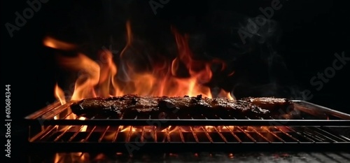 Dynamic cooking display, Flaming grill creates a captivating black backdrop. Generative AI