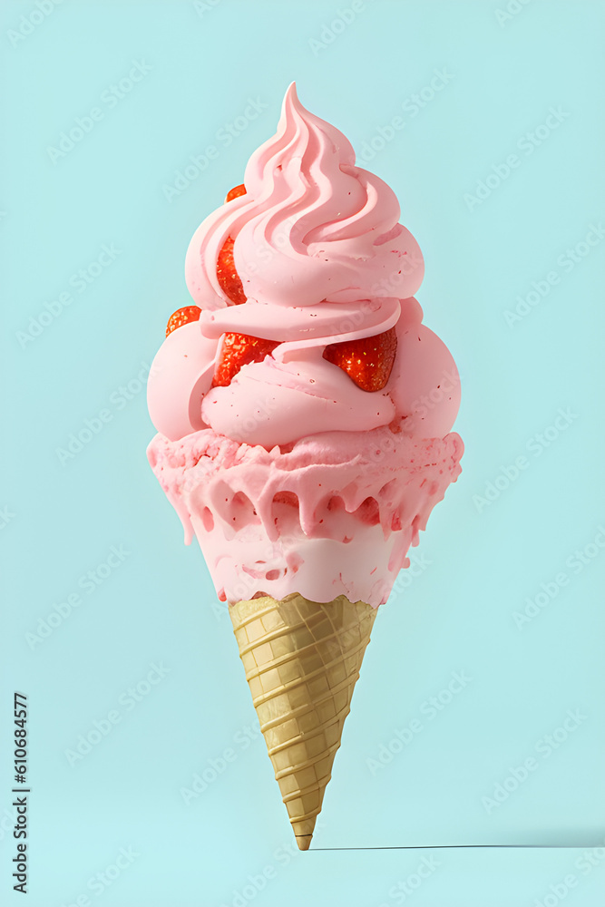strawberry ice cream in a cone on a blue background, hot summer, generative ai strawberry ice cream in a cone on a blue background, hot summer, generative ai