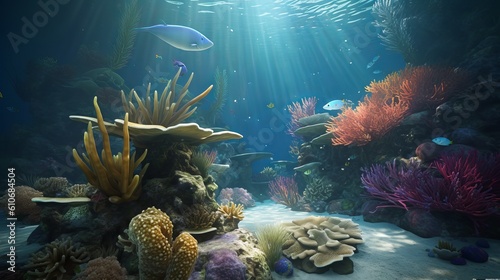 Dive into a world of wonder with ultra-realistic 4K backgrounds that showcase the breathtaking beauty of coral reefs. The scene unveils an underwater paradise, Generative AI