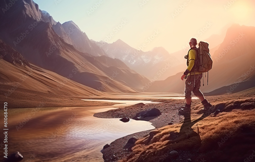 hiker on the top of mountain created with Generative AI technology