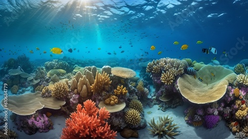 Dive into a world of wonder with ultra-realistic 4K backgrounds that showcase the breathtaking beauty of coral reefs. The scene unveils an underwater paradise, coral reef and diver, Generative AI © Ameer