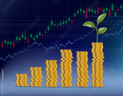 Stack of dollar coins with a growing plant on top. Vector illustration