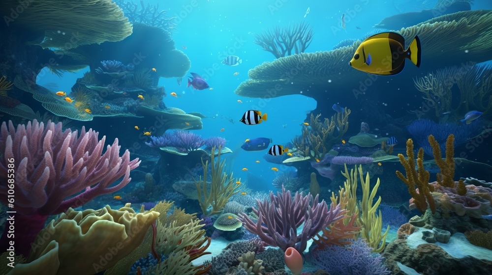 Fototapeta premium Immerse yourself in the mesmerizing beauty of coral reefs with ultra-realistic 4K backgrounds that showcase these underwater wonders, coral reef and fish, Generative AI