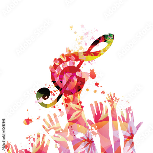 Hand holding treble clef musical note symbol on white background. Music inspired design with abstract G-clef. Live concert event, talent show, music festival, party flyer with colorful clef sign
