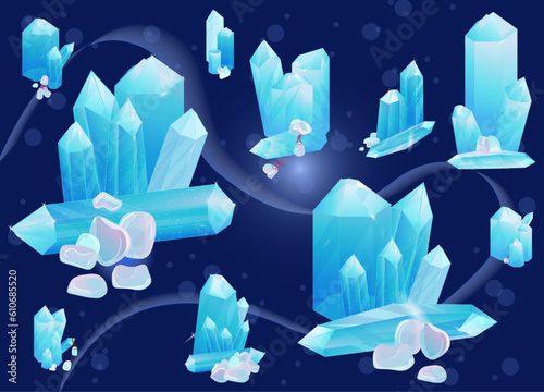 Crystal Set. Healing Transparent Healing Quartz. Blue Gradient Transparent Bright Gemstone. Magic Stone