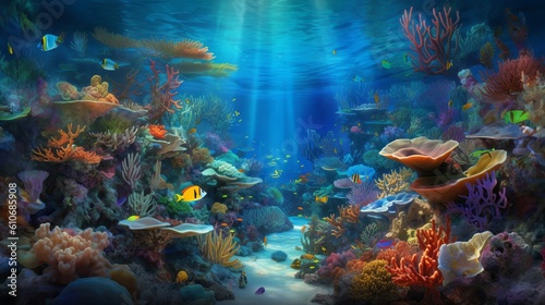 Immerse yourself in the mesmerizing beauty of coral reefs with ultra-realistic 4K backgrounds that showcase these underwater wonders, coral reef with fish, Generative AI