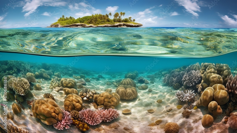 Dive into a world of wonder with ultra-realistic 4K backgrounds that showcase the breathtaking beauty of coral reefs. The scene unveils an underwater paradise, tropical coral reef, Generative AI