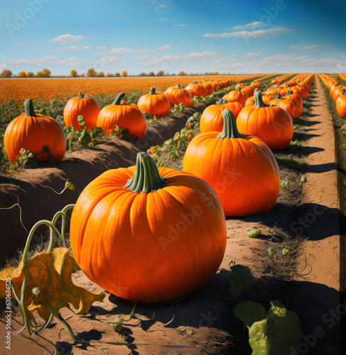 Pumpkins field. Ripe pumpkins in a row  blue sky background. Generative AI