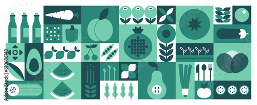Geometric mosaic food pattern. Natural fruit vegetable icons, simple minimal restaurant menu design. Vector background