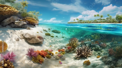 Dive into a world of wonder with ultra-realistic 4K backgrounds that showcase the breathtaking beauty of coral reefs. The scene unveils an underwater paradise, coral reef and sea, Generative AI