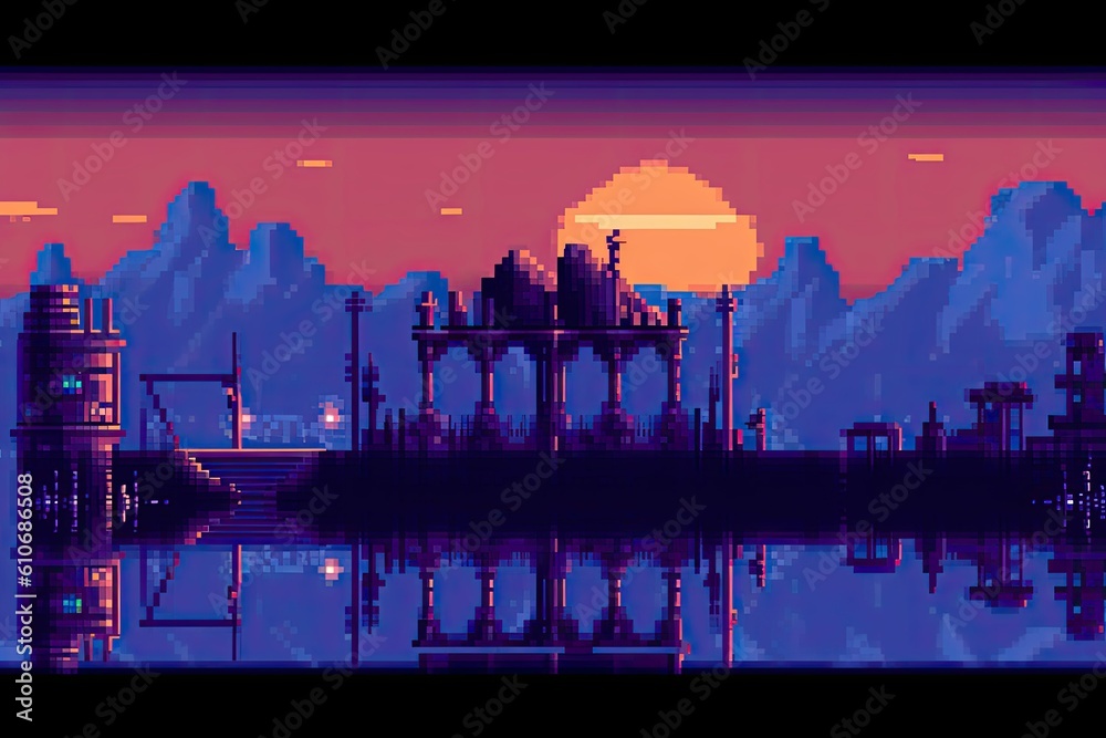 Naklejka premium PIxel Art Landscape | Pixel Graphics | Old School Video Games | Generative AI Artwork