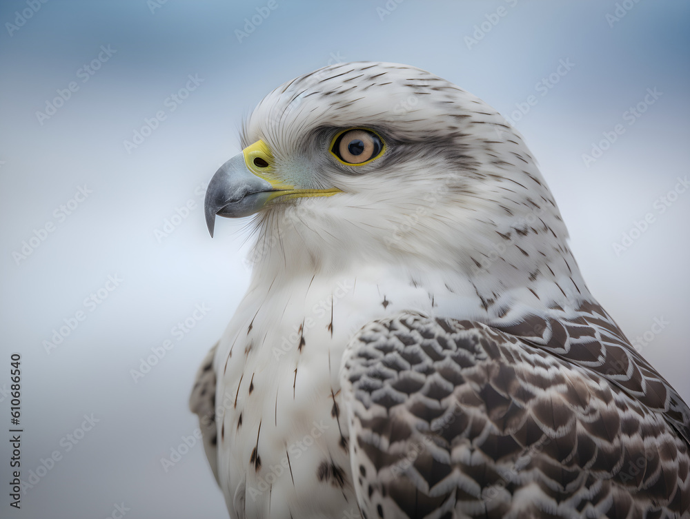 Close up of brown and white hawk in profile with yellow eye on white background