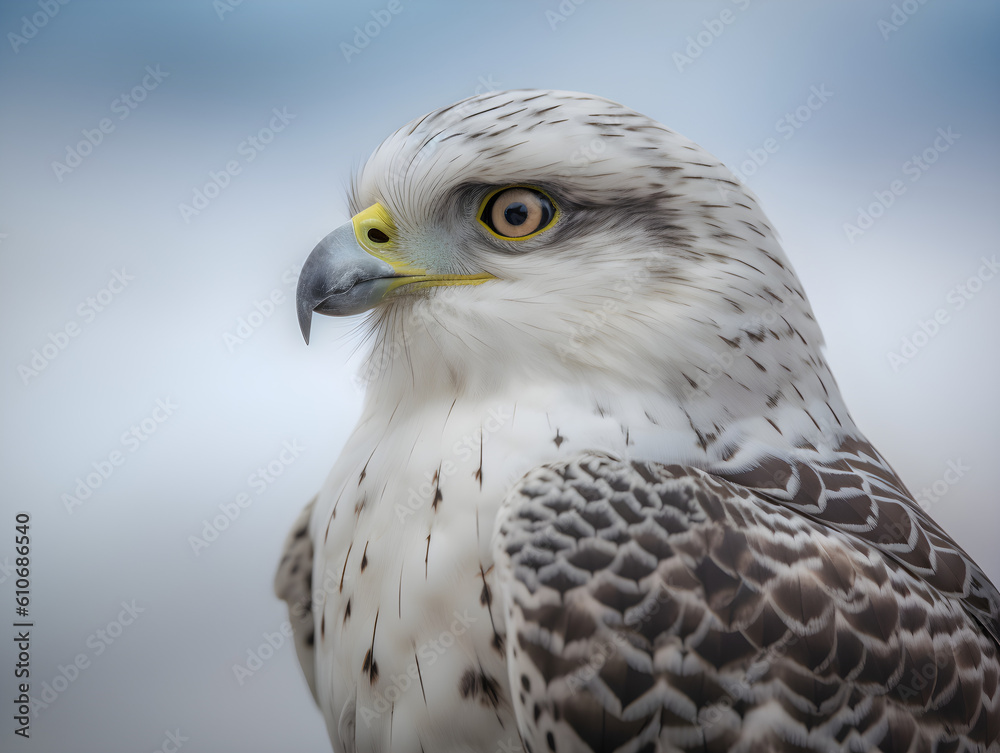 Close up of brown and white hawk in profile with yellow eye on white background Close up of brown and white hawk in profile with yellow eye on white background