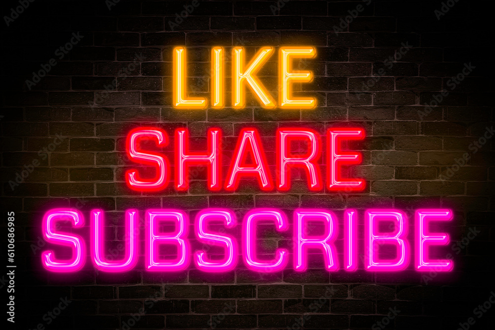 like, share subscribe neon banner on brick wall background.