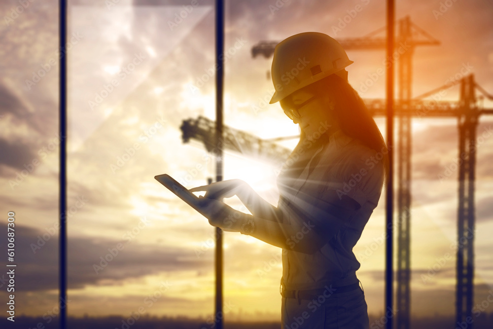 Fototapeta premium Female site engineer with white hardhat