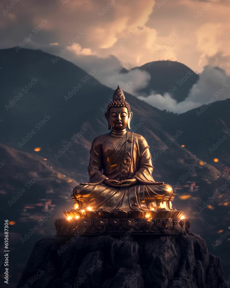 Fototapeta premium a statue of buddha sits in front of a sunset