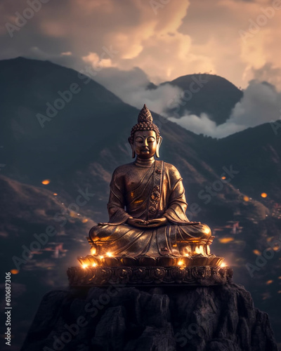 a statue of buddha sits in front of a sunset