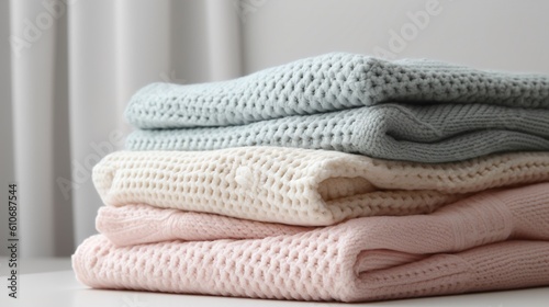 Stack of baby blankets and bedspreads folded close-up on a light background. AI generated	
