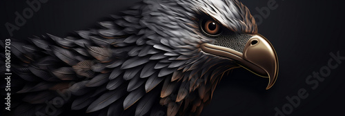 metal eagle head illustration on dark background, banner, generative AI