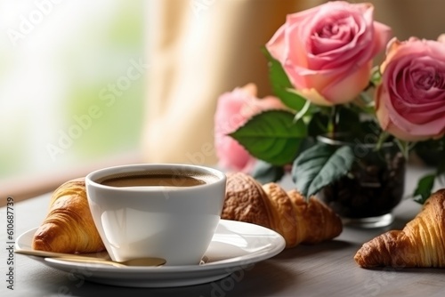 Cup of coffee with croissant and fresh roses. Generative AI