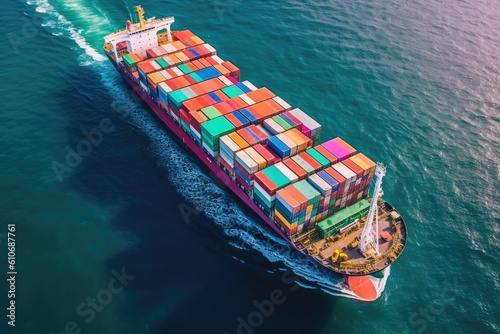 Aerial top view of a cargo ship carrying containers for export cargo. Generative AI © kardaska