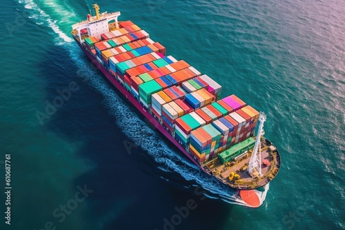 Aerial top view of a cargo ship carrying containers for export cargo. Generative AI