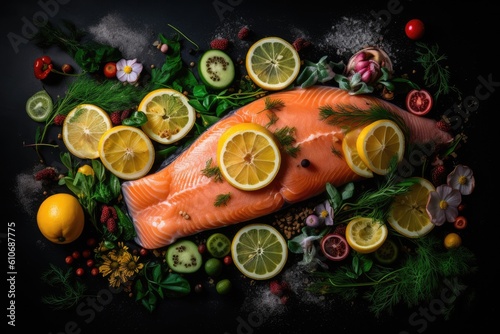Salmon fillet with pepper, thyme rosemary and lemon. Generative AI © kardaska