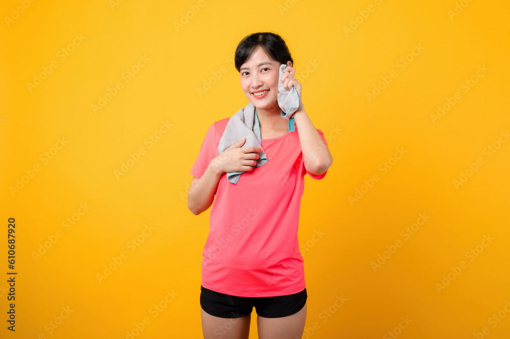 Portrait young asian sports fitness woman happy smile wearing pink sportswear and face towel doing exercise training workout against yellow studio background. wellbeing and healthy lifestyle concept. Portrait young asian sports fitness woman happy smile wearing pink sportswear and face towel doing exercise training workout against yellow studio background. wellbeing and healthy lifestyle concept.